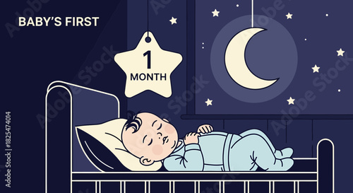Sleeping Newborn Celebrating First Month Under Starry Night Sky