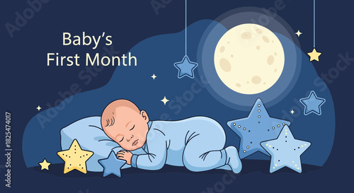 Sleeping Baby's Dreamy First Month Illustration Under Moonlit Night