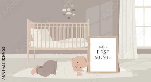 Sleeping Newborn Celebrating Milestone First Month In Nursery Room