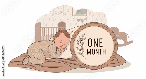Sleeping Newborn Celebrating One Month Milestone In Nursery Setting