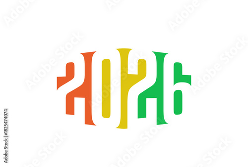 Curved Wave 2026 Calligraphy | Orange Green 2026 New Year text typography for banner, greeting card, background, poster — abstract bent geometric 2026