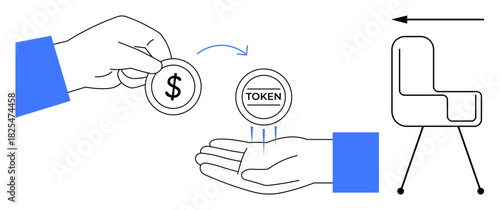 Token exchange concept. Token illustration showing financial transactions between hands, monetary exchange and tokenization. Use for finance, blockchain, fintech, digital economy, and investment