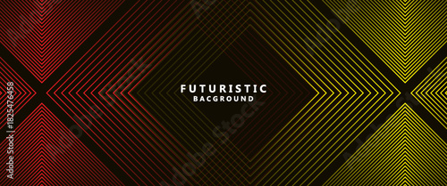3D red yellow techno abstract background overlapping layers in dark space with arrow line effect decoration. Modern graphic design element striped style concept for web cover, flyer, card or brochure.
