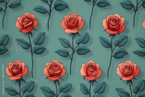 Repeating coral roses with teal leaves and slender stems on a muted green background, elegant romantic floral pattern conveying calm and classic charm