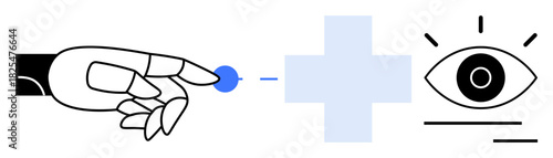 Hand with robotic design interacting with dot, linked to cross and eye icons symbolizing AI, healthcare, and observation. Ideal for innovation, medicine, robotics, automation, vision precision