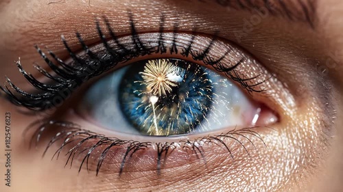 Close Up Of Human Eye Iris Reflecting Colorful Fireworks Display With Glitter Eyelashes