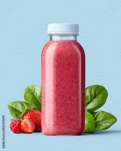 Bright Smoothie Bottle With Fresh Berries and Spinach on a Plain Background