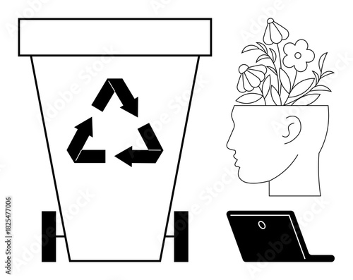 Recycling bin with arrows, human head containing flowers symbolizing creative thoughts, and laptop indicating innovation. Ideal for sustainability, creativity, eco-awareness, technology, education