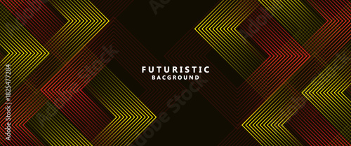Abstract 3D red yellow techno background overlapping layers in dark space with arrow line effect decoration. Modern graphic design element stripes style concept. Vector illustration