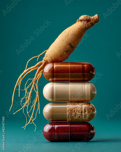 Natural Herbal Supplements Stacked With Ginseng Root on Top Against a Vibrant Green Background