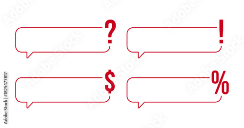 Red Minimalist Speech Bubble Set with Symbols. Question Exclamation Dollar Percent Text Box Vector. Horizontal Chat Bubble Icons for Business