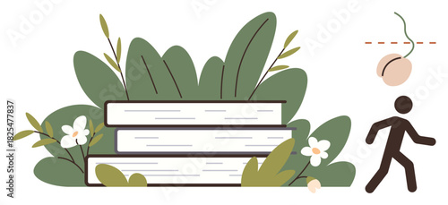 Stacked books surrounded by green leaves and flowers, a walking figure, and a dangling nut. Ideal for education, learning, sustainability, personal growth, exploration nature balance. Simple flat