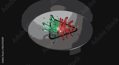 A striking abstract 3D render features vibrant green and red crystalline structures emerging from a sleek, dark reflective surface, creating a dynamic visual contrast.