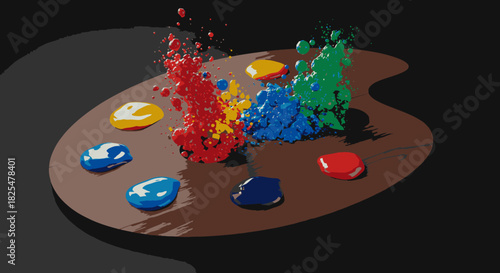 A painter's palette bursts with vibrant primary and secondary colors, dynamically splashing against a dark background, symbolizing artistic creativity and inspiration.