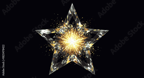 A stunning faceted crystal star shimmers with a brilliant golden explosion of light and sparkling particles against a deep black background, symbolizing success and luxury.