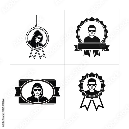 Set of four vintage style badges featuring stylized portraits of men