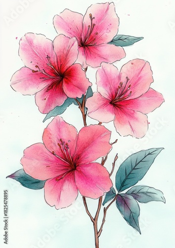 Delicate watercolor painting of four pink flowers with detailed stamens and green leaves on thin brown stems, evoking tranquility and natural beauty
