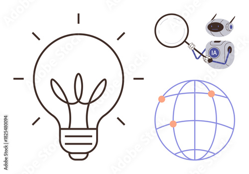 Light bulb as innovation, robot analyzing with magnifying glass, globe with connections as global network. Ideal for technology, research, AI, creativity, problem-solving, networking global