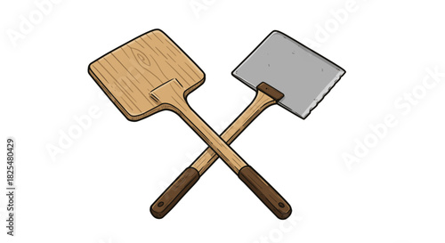 A charming illustration depicts two essential pizza peels, one crafted from warm wood and the other from sleek metal, crossed elegantly against a clean white background.