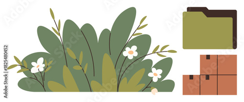 Bushes with white flowers, large leafy plants, nearby file folder, and stacked boxes suggest themes of nature, organization, ecology, storage, minimalism. Ideal for eco-projects data processes