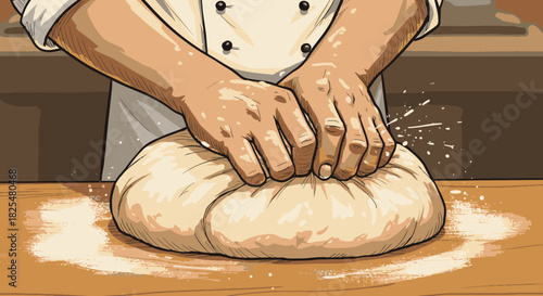 A chef's skilled hands meticulously knead a fresh batch of dough on a rustic wooden countertop, preparing it for delicious baking.