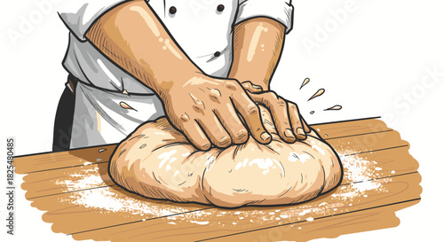A professional chef's hands expertly knead a large batch of fresh dough on a rustic wooden table, preparing it for baking delicious bread or pastries.