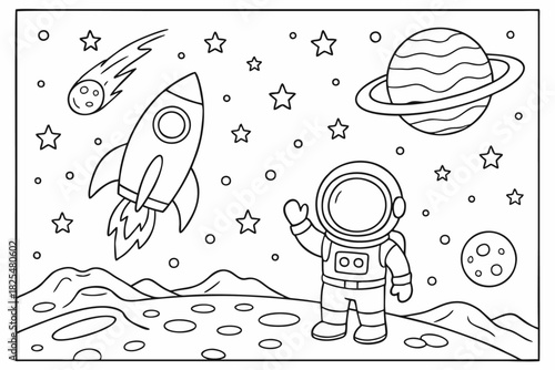 A fun space exploration coloring page depicting an astronaut a rocket a comet and a planet surrounded by many twinkling stars