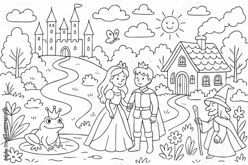 An enchanting fairytale coloring page showcasing a charming princess a brave prince a majestic castle and a whimsical frog scene