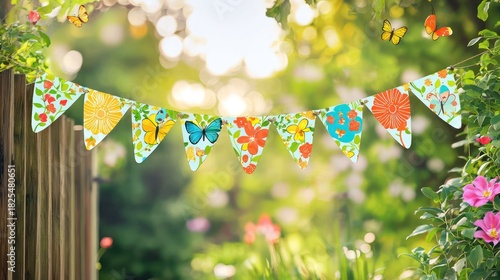 Fototapeta Naklejka Na Ścianę i Meble -  A colorful garden banner with butterflies and flowers in a lush green garden.
