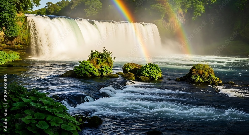 Fototapeta premium Majestic Waterfall with Rainbow in Lush Green Landscape.