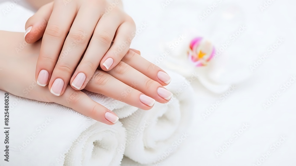 Fototapeta premium Elegant Hands on Soft Towel with Orchid Blossom.