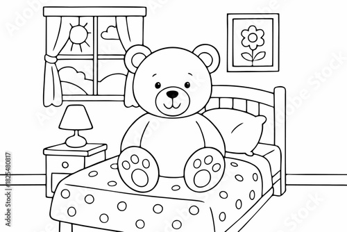 A charming coloring page featuring a cute teddy bear sitting on a comfortable bed in a bright room for young artists