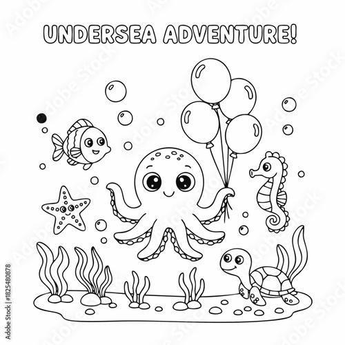 Delightful Undersea Adventure Coloring Page Featuring a Cheerful Octopus Holding Balloons Surrounded by Cute Marine Life
