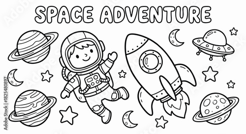 Embark on an exciting celestial journey with this delightful coloring page featuring an adorable astronaut a powerful rocket and mysterious planets