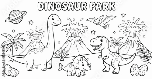 An exciting dinosaur park coloring page filled with happy prehistoric creatures erupting volcanoes and cosmic wonders perfect for children's creative artistic expression