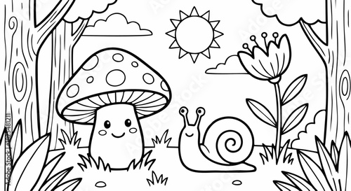 A cute forest scene coloring page depicting a smiling mushroom a friendly snail a blooming flower and bright sunshine