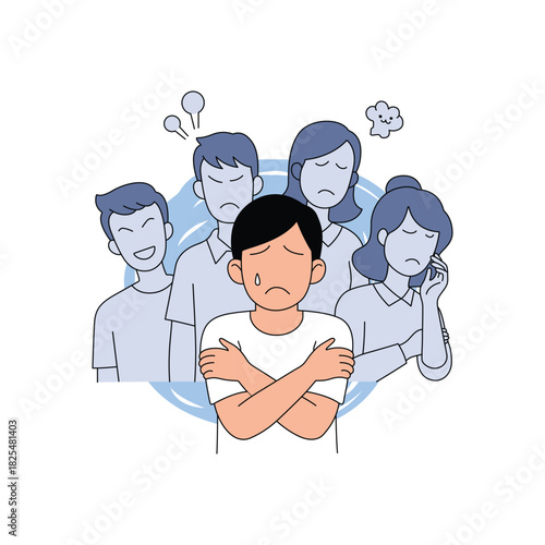 Social anxiety depiction of man feeling judged by people in the background