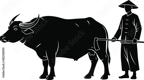 Asian farmer in a conical hat standing next to a water buffalo, preparing to plow the field, traditional agriculture vector illustration.