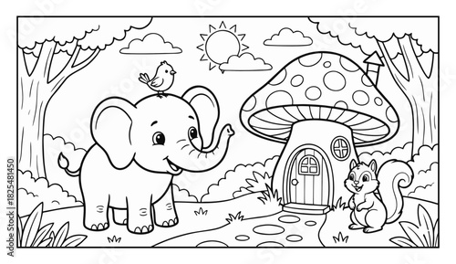 Coloring page with a cute baby elephant a small bird a friendly squirrel and a charming mushroom house