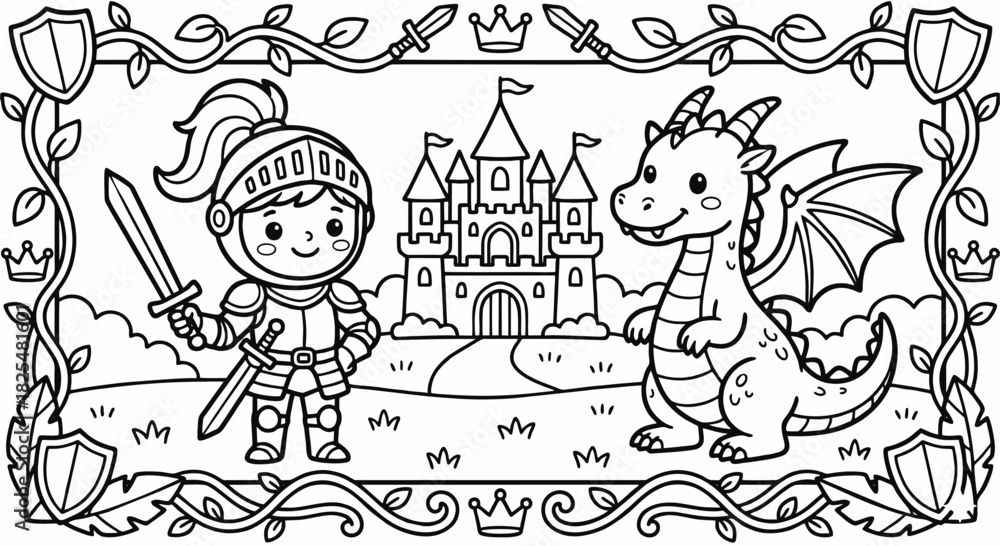 Fototapeta premium An enchanting coloring page depicting a cute knight and a cheerful dragon with a majestic castle in the background