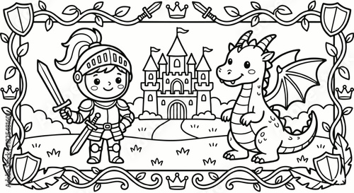 An enchanting coloring page depicting a cute knight and a cheerful dragon with a majestic castle in the background