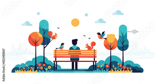 A person enjoys a tranquil moment on a park bench, surrounded by vibrant nature, colorful trees, blooming flowers, birds, and playful squirrels.