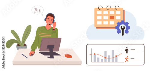 Customer service representative using headset and computer. Analytics bar graph, calendar with cog represent productivity. Ideal for communication, customer support, analytics, teamwork, scheduling