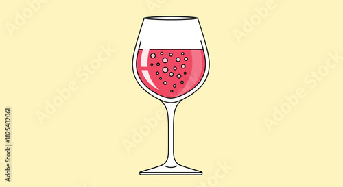 A cute and simple illustration of a wine glass holding a pink beverage with sparkling heart-shaped bubbles, set against a cheerful light yellow background.