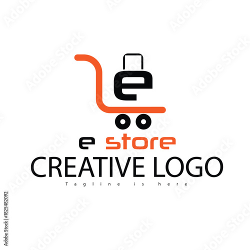 Modern e-store logo design, perfect for creative online businesses. Shopping cart icon with an attractive, professional style, ready to brand your shop today!