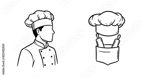 A professional chef in traditional uniform and a separate chef's hat with baking tools represent the culinary arts and professional cooking industry.