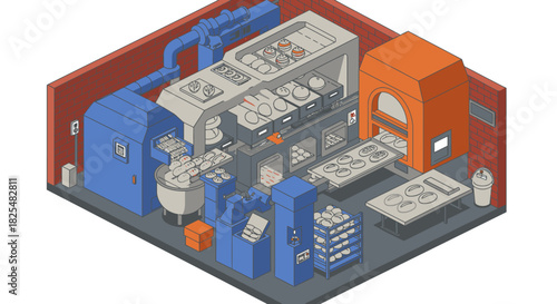 An isometric illustration depicting a modern industrial bakery with automated machinery for dough preparation, baking, and packaging.