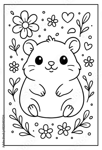 A delightful coloring page featuring an adorable cartoon hamster surrounded by charming flowers leaves and cute tiny hearts perfect for kids