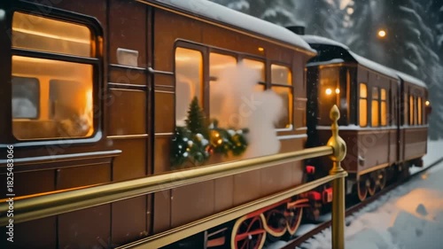 Vintage train in a snowy winter landscape with warm interior lights.