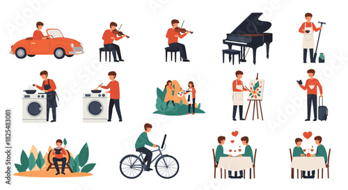 Diverse flat design illustrations of people enjoying various hobbies and daily life activities, including music, cooking, art, travel, and dining.